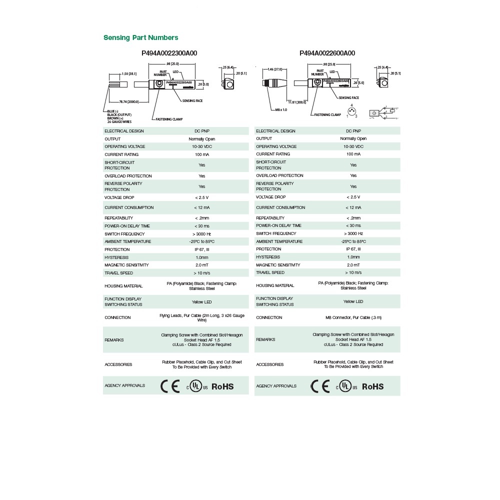 P494A0022600A00 NUMATICS/AVENTICS CYLINDER SWITCH ELECTRONIC, PNP 10-30VDC, LED, M8 QUICK DISC.